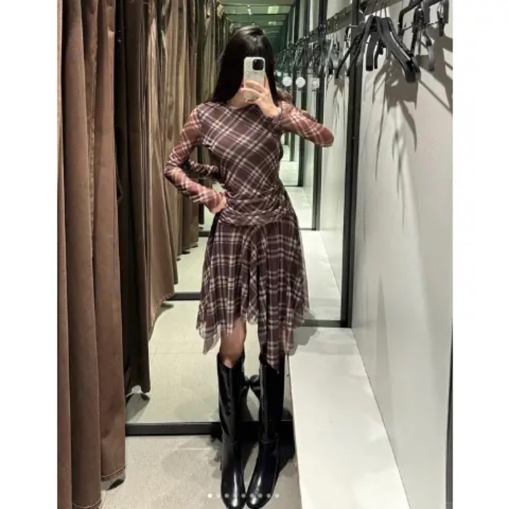 NWT ZARA PLAID DRAPED TULLE DRESS S - Picture 2 of 2